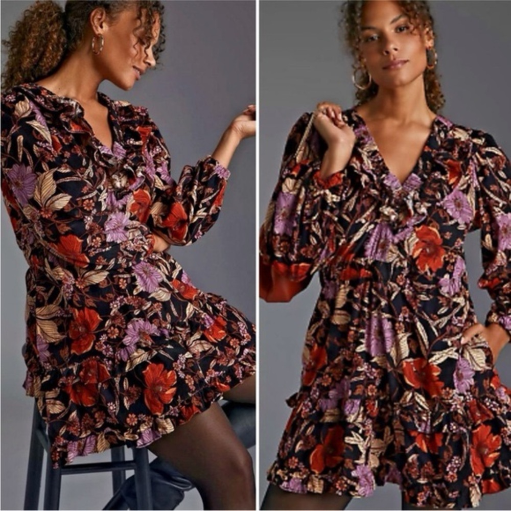 Pilcro by Anthropologie Tiered Corduroy Mini Dress Floral Printed